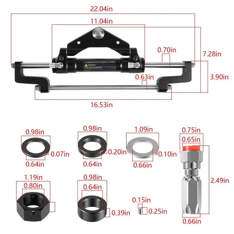 Dimensions of Beefy Hydraulic Steering Cylinder For Outboard Boats Up To 300HP with ORB fittings and accessories