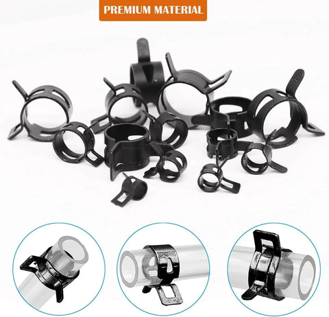 350 Piece Spring Hose Clamp Set 6 To 19 Mm Range 65Mn Spring Steel Dacromet Coated Fuel Line Clamps displayed with hoses