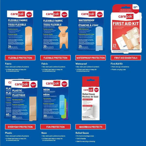 CarePak 203 Piece Bandage Variety Pack With Sheer Waterproof Plastic And Fabric Bandages Rolled Gauze And A 21 Piece First Aid Kit displayed on blue background.