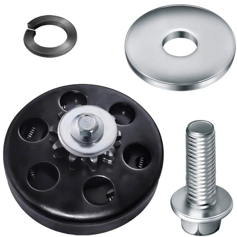 Go-kart clutch bolt kit with black clutch plate, 3/4 inch bolt and lock washer; four sets.