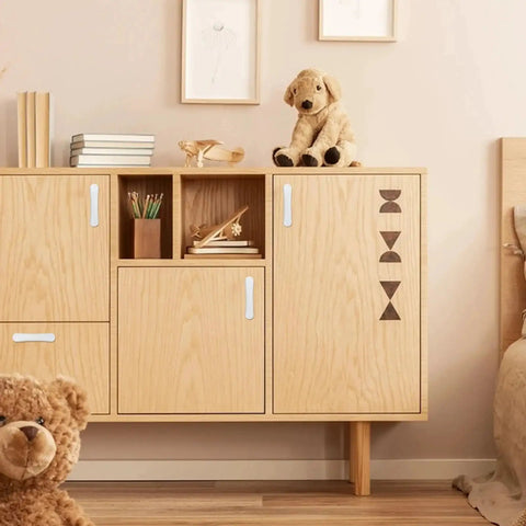 Wooden cabinet with White Glossy Ceramic Cabinet Pulls Arch Shaped 4 Pack Dresser Knobs, ideal for kitchen and bedroom.