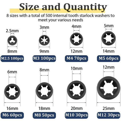 Chart displaying sizes in Internal Tooth Star Lock Washers Kit M2.5 To M12 Push Nuts 500 Pcs, showing M2.5 to M12 dimensions with quantities.