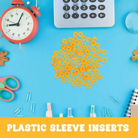 100 Pack Miniature Plastic Bushings and Axle Sleeves for Toy Vehicles, orange, displayed on a blue surface with office supplies.