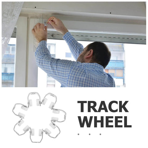 Person installing 25 Pack Sliding Door Rollers and Metal Track Wheels Kit for Folding Doors, Curtain Pulleys; wheels shown close-up