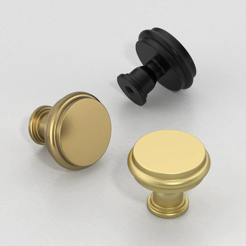 Three cabinet knobs including a 10 Pack Champagne Bronze Cabinet Knobs for Kitchen Cabinets and Dressers, Zinc Hardware with Rust Proof Finish.