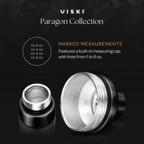 Paragon Vacuum Insulated Cocktail Shaker With Built In Strainer showing measuring cap with lines from 1 to 6 oz