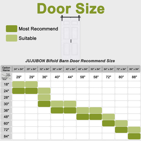 Size chart for Paintable Bifold Barn Door With Hardware Kit Included No Assembly Required No Fuss Space Saving Design That Fully Folds Open For Easy Access And A Modern Look 6 Panel Bi Fold Door With 40 Inch Track Kit For Two Doors Pre Drilled Holes