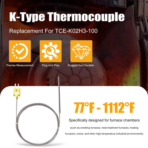 K-Type thermocouple probe with braided metal lead and yellow connector; replacement for TCE-K02H3-100, 77-1112°F, furnace use