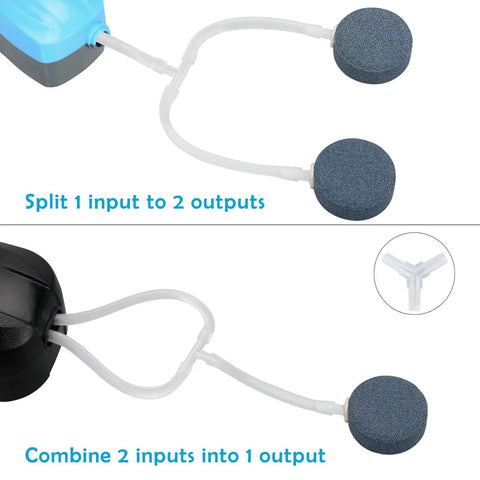 Pawfly aquarium airline tubing connectors, plastic inline valve with two foam air stones, showing split and merge setups