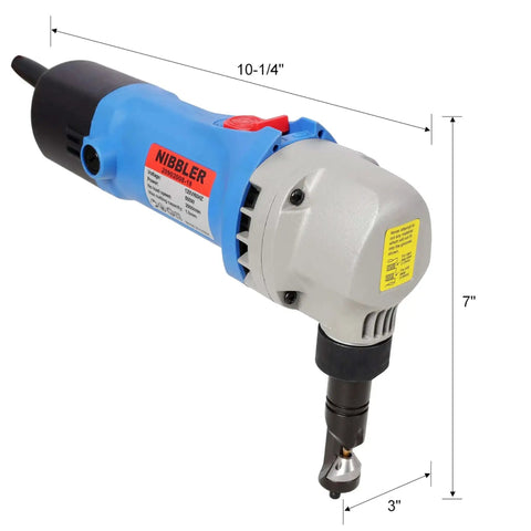 16 Gauge Electric Metal Shearing Machine With Beefy 500 Watt Power And 360 Degree Rotating Cutter in blue finish, dimensions shown