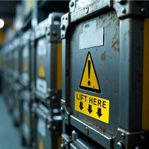 ForraFun 10-pack Lift Here labels, 5x2 in, bright yellow with black text, on industrial equipment.