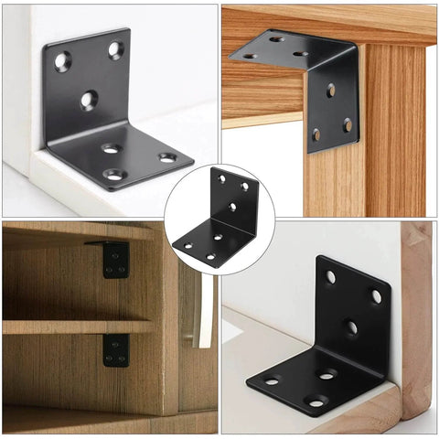 2 Inch Black Corner Brackets Set for Wood Furniture Shelves and Bed 90 Degree L Braces With 120 Screws installed on furniture