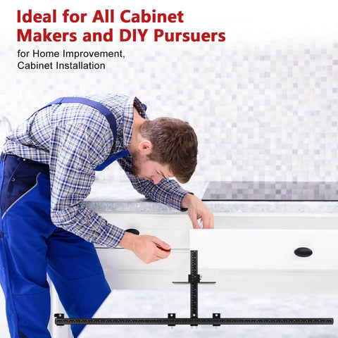 Person using 44 Inch Cabinet Hardware Jig Kit With 16 Inch Handle Jig And Auto Center Punch Aluminum Alloy Template Drill Guide