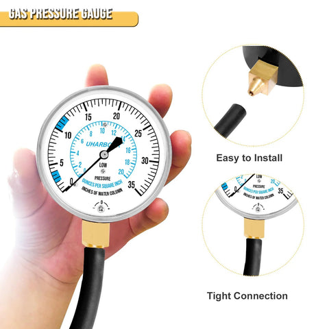 UHARBOUR manometer gas pressure tester gauge held in hand, 0-35 in WC, 1/8 in NPT with barbed connection, 40 in hose