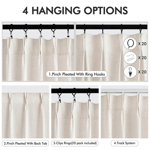Pinch Pleated Linen Sheer Curtains 102 Inch Long, Two Panel Set With Ring Hooks And Clips For Track System shown in 4 hanging options