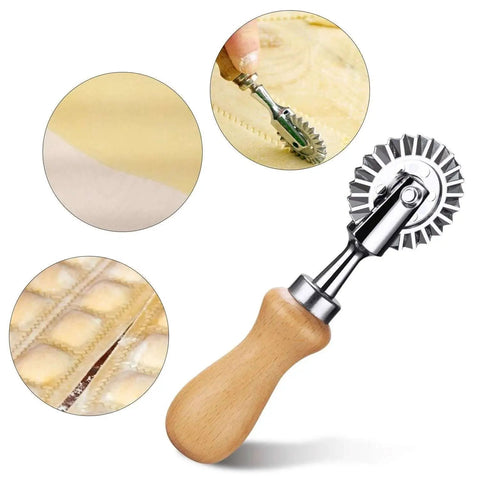 Ultimate Pasta Wheel Cutter with Wood Handle and Aluminum Frame for Home Kitchen, showing cutter wheel and handling.