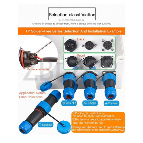 Selection of TY28 Waterproof Docking Connector 6 Pin Panel Mount options, showing back and front views for control panels and enclosures.