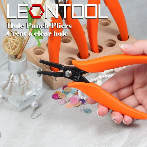 6 Inch Metal Hole Punch Pliers For 1.5mm Clean Holes In Jewelry Making with orange PVC grips, held next to beads.
