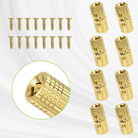 Hidden Barrel Hinges Set Eight Pack With Sixteen Screws for cabinets and furniture, copper hardware, showcased with close-up view.