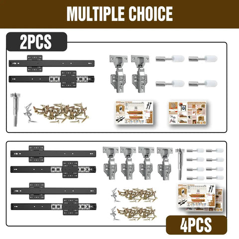 Ultra Quiet Pocket Door Slide Hardware Set showing 2PCS and 4PCS options with steel slides, hinges, screws, and installation guide.