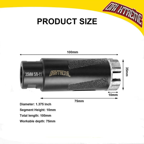 Efficient Diamond Core Drill Bit For Dry Drilling Granite Concrete Marble Stone, One And Three Eighths Inch Hole Saw With Five Eighths Eleven Thread ORIXTREME Vacuum Brazed Protection, side view showing size and dimensions.