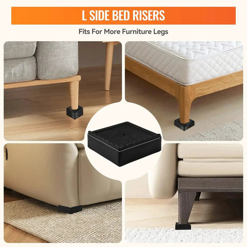Heavy Duty Adjustable Bed Risers Set 4 Pack with 2, 3, and 4 inch lift blocks under couch, bed, and chair legs in black.