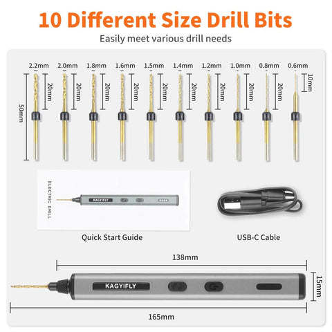 Cordless Mini Drill Pen With 10 Bits Brushless Motor 0.2 Nm Torque 550 RPM LED Lights Rechargeable Hand Drill Set display with USB-C cable and quick start guide