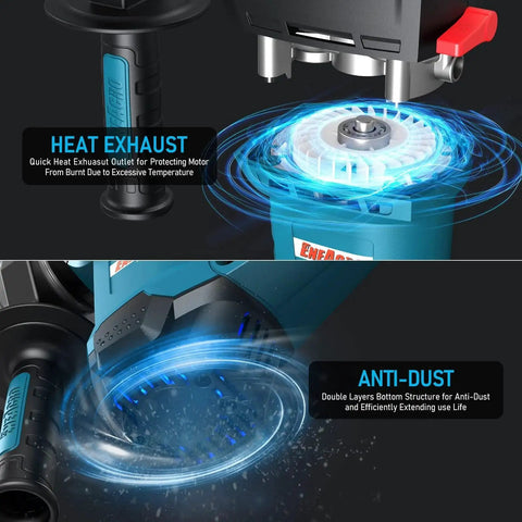 Close-up of Heavy Duty One And A Quarter Inch SDS Plus Rotary Hammer Drill with 12.5 Amp motor showing heat exhaust and anti-dust features