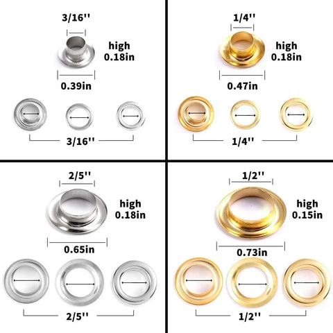 Metal grommets with washers in gold and silver, sizes 1/4 inch, 3/16 inch, 2/5 inch, 1/2 inch, for fabric and leather crafts