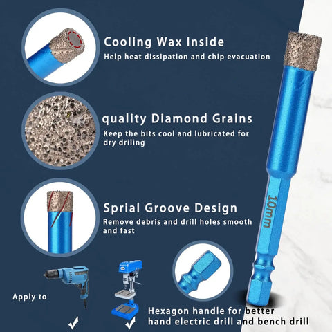 Diamond Drill Bits Set 10 Piece Diamond Hole Saw Kit With One Quarter Inch Quick Change Hex Shank for various materials