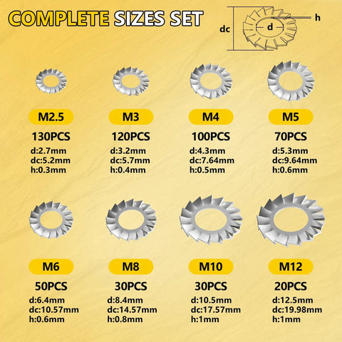 External tooth lock washer set, 550 pcs, 304 stainless steel, metric M2.5–M12, Amazon BISS
