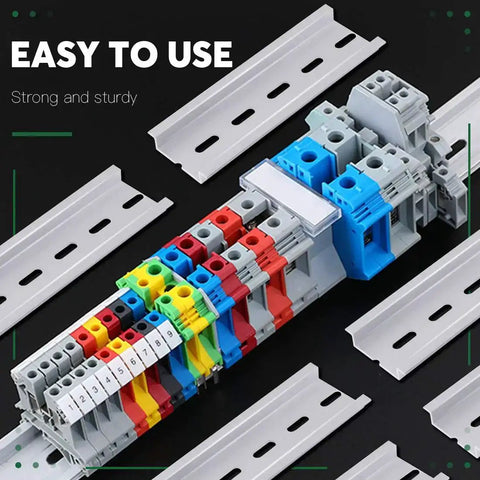 Industrial setup with 15 Pieces Slotted Aluminum DIN Rails, 4 Inch Long, 35mm Wide, 7.5mm High, colorful terminal blocks