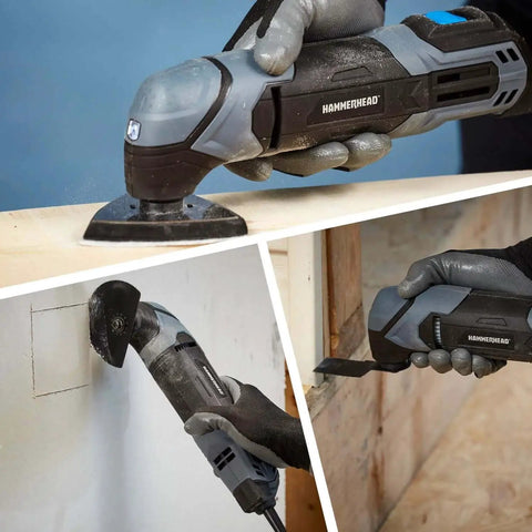Versatile 2 2 Amp Oscillating Multi Tool Kit With Flush Cut Blade in use for cutting, grinding, and sanding on various surfaces.