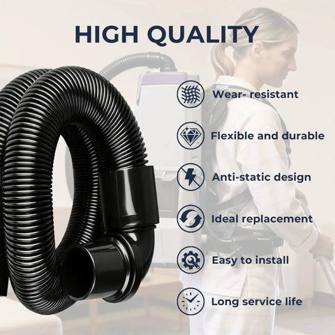 Static Dissipating Backpack Vacuum Hose With One And A Half Inch Cuffs Fits ProTeam Super Coach Mode 6 And Other Models Replacement Stretchable Durable For Dust Collection On Miter Saw And General Shop Vac Use shown coiled with features listed.