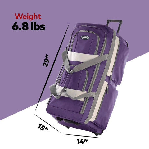 29 Inch Jumbo Rolling Duffle Bag with Eight Pockets, Water Resistant Luggage for Travel, Lightweight Wheeled Suitcase, Olympia