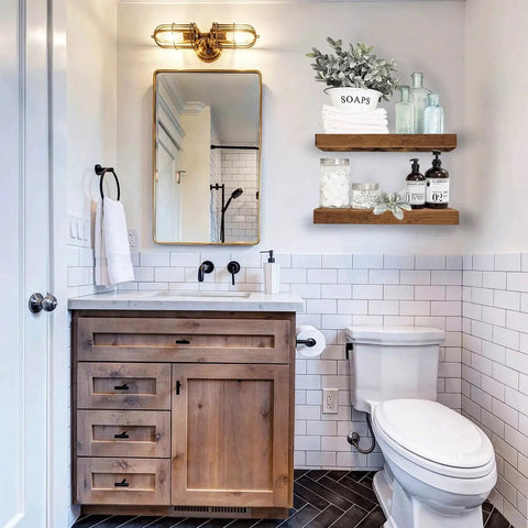 Rustic Farmhouse Bathroom Floating Shelves Over Toilet Set Of 2, 15.7 Inch Wide, MDF with Steel Brackets, holding towels and decor