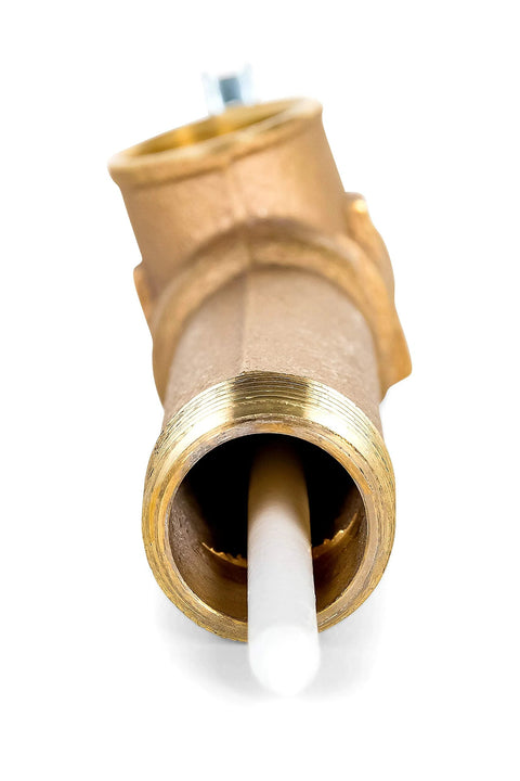 Brass 3/4 in temperature and pressure relief valve with 3-5/16 in shank; close-up of threaded outlet and white stem