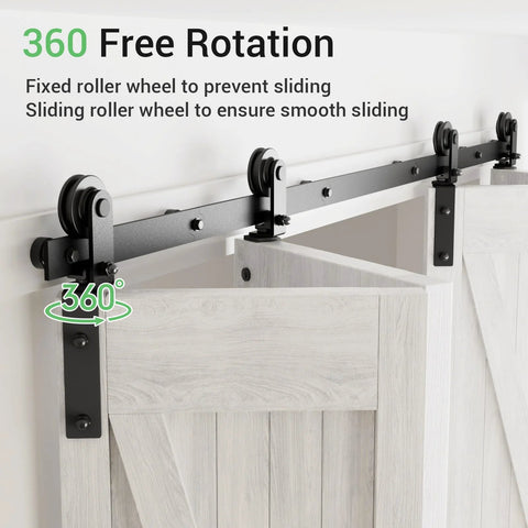 9 Ft Bi Fold Sliding Barn Door Hardware Kit With 108 Inch Rail For Four Doors Up To 26.5 Inches Wide Heavy Duty Steel Roller Hanger System With Quiet Nylon Wheels And 330 Lb Weight Capacity No Door Included, showing roller system with 360-degree rotation feature.