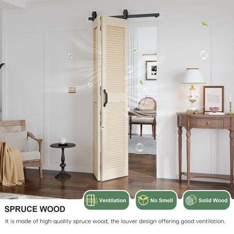 Space Saving Bifold Barn Door Set 36 X 84 Inch Double 18 X 84, Louver Sliding Closet Wood Bi-Folding Doors With 40 Inch Top Mount Track Kit