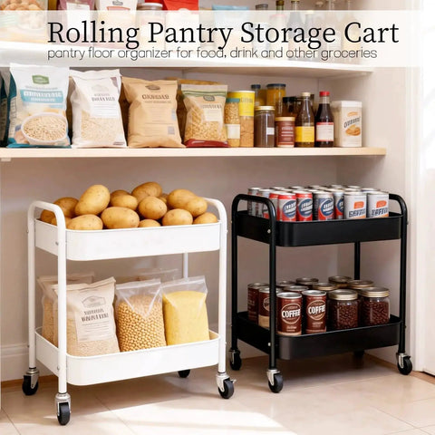 Two Tier Under Desk Storage Cart On Wheels With Built In Handle And Four Side Hooks in black and white, loaded with pantry items