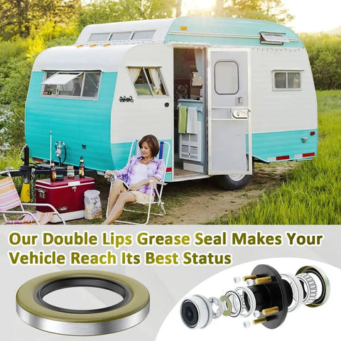4 Pack 010 036 00 Double Lip Grease Seal For Dexter Texcom RV Trailer Bearings shown near a vintage turquoise RV trailer.