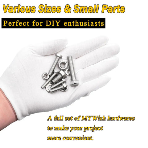 Pro Grade 448 Piece M5 M6 M8 Screw Set With Hex Head Bolts Nuts And Washers In 304 Stainless Steel Fully Threaded For All In One DIY Projects And Home Repairs Kit shown handheld on a white glove