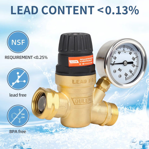 RV water pressure regulator valve with gauge, brass lead-free body, adjustable knob and 3/4 inch connectors
