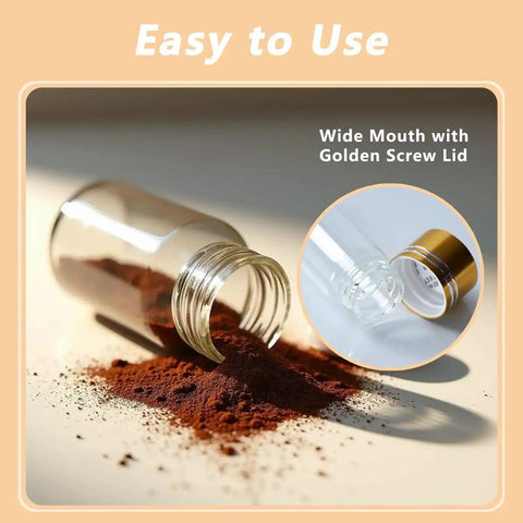 Four Pack Tiny Glass Jars With Lids 2ml Mini Vials, open jar with spilled spices and close-up of golden screw cap.