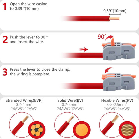Diagram showing how to use 20 Piece Lever Wire Connectors Set 1 In 2 Out Quick Wiring Mini Splicing Docking Terminal Block Electrical Connectors For 24 12 AWG Wires Tap Into Stripped Cables In Seconds with stranded, solid, and flexible wires.