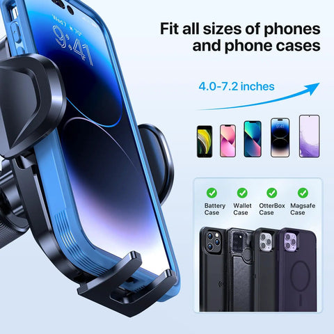 3 In 1 Car Phone Mount For Dashboard Windshield Or Air Vent Heavy Phone And Thick Case Friendly Universal Phone Holder That Fits All Smartphones In Any Vehicle, showcasing compatibility with various phone sizes.