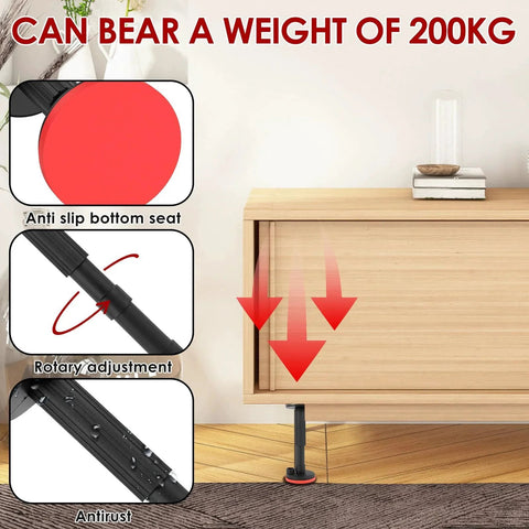 2 Pack Cabinet Jacks For Installing Cabinets, height-adjustable support pole underneath a wooden cabinet, shows stability features.