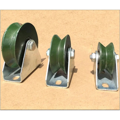 Three varying sizes of V Groove Pulley Wheel For Sliding Gates And Wire Rope Rail, heavy duty, 2.2 inch cast iron, on a beige background.
