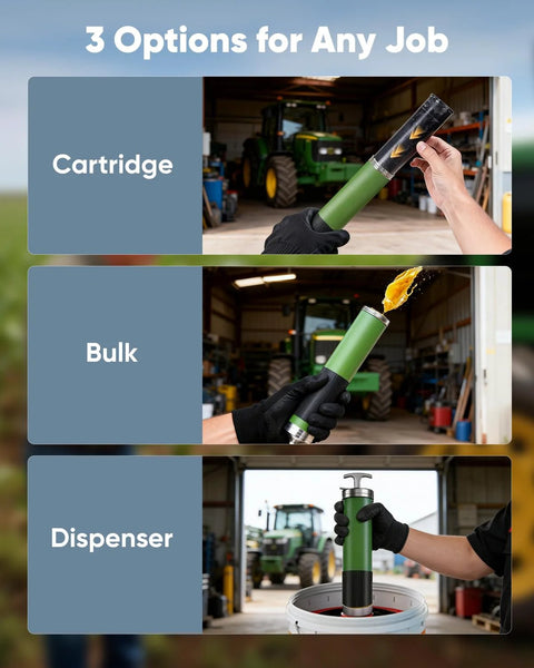 J-KU grease gun kit with green pistol-grip shown in three loading modes: cartridge, bulk, and dispenser