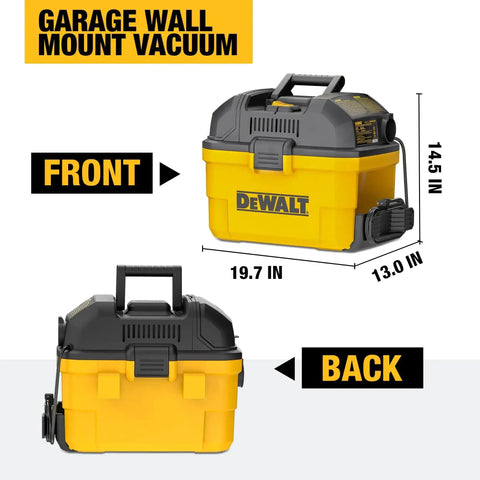 Heavy-Duty Wall-Mount Wet-Dry Vacuum For Garage And Shop, 6 Gallon Capacity, 5 Peak HP Motor, front and back views with dimensions